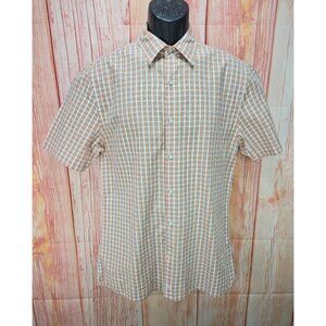 Johnston & Murphy Mens Medium Orange Plaid Short Sleeve Shirt 100% Cotton